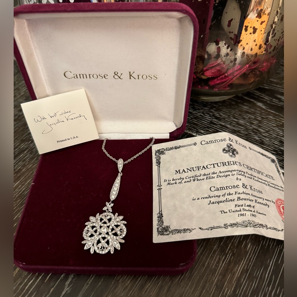 Camrose & Kross Necklace Drop Pendant Silver Tone & Rhinestone JBK New